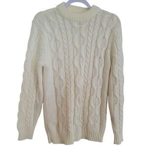 Vintage Sears Cable Knit Fisherman's Sweater Women's Size Medium Ivory Crew Neck